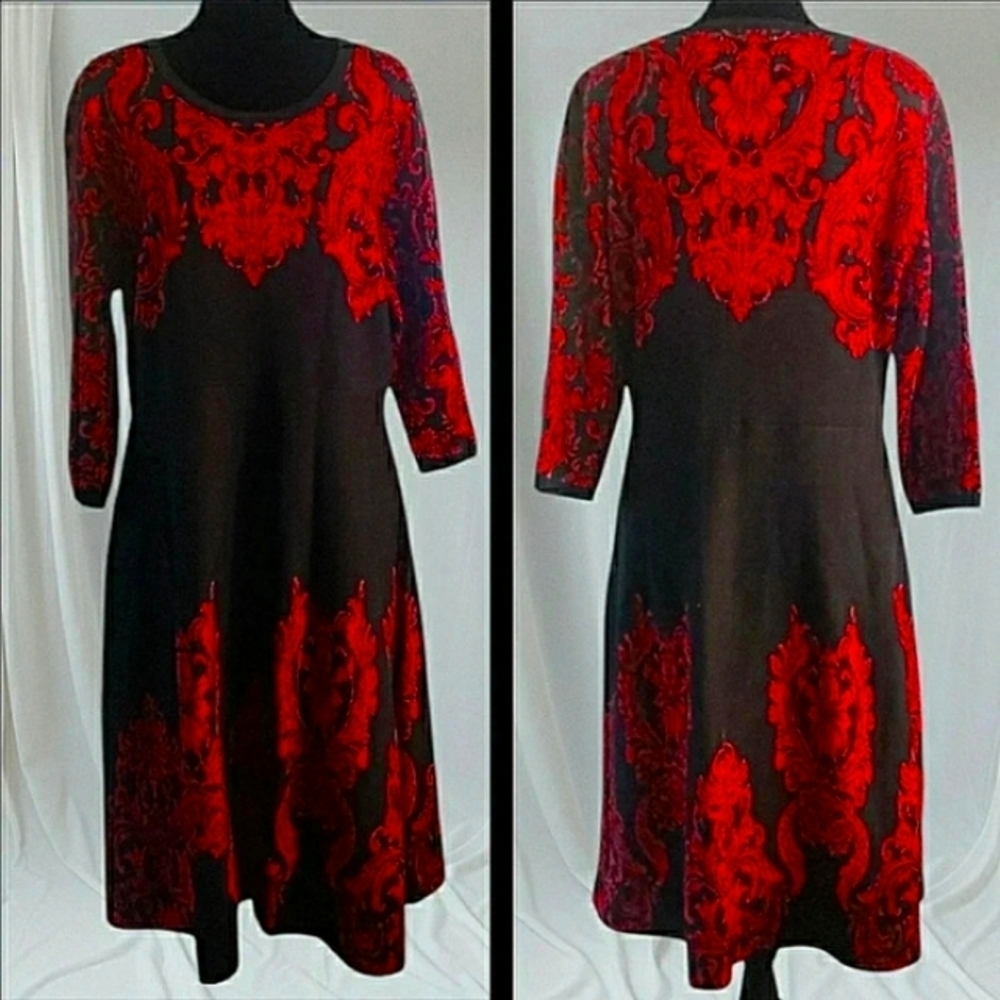 Vintage XL Knit Cotton Holiday Red Black Damask Fit Flare Pullover Midi Dress